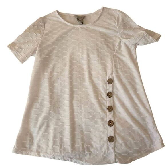 Multiples Womens Geometric Jacquard Side Button Short Sleeve Top White Small - Picture 5 of 10